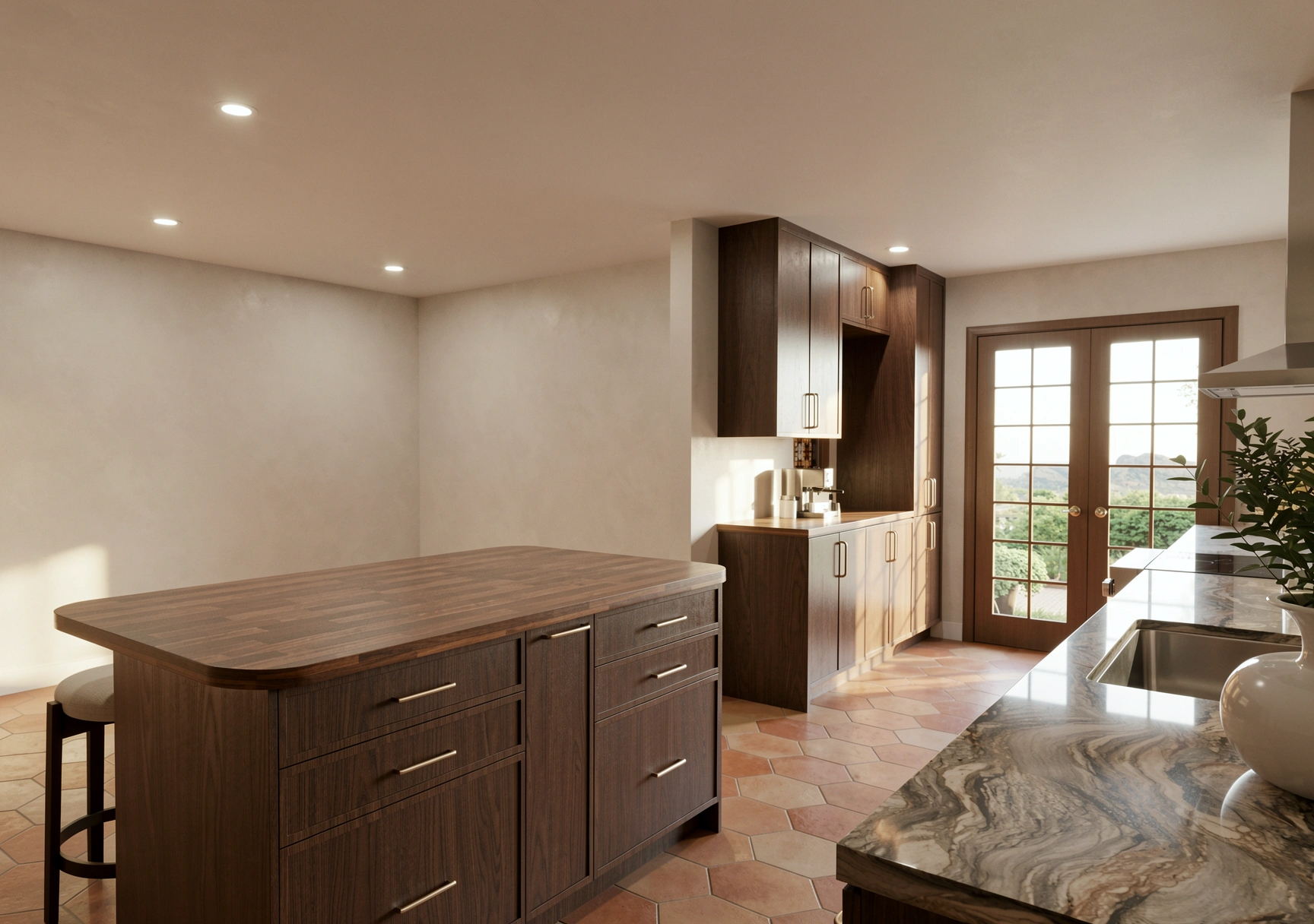 Walnut kitchen concept showing cabinetry, terracotta flooring and the island