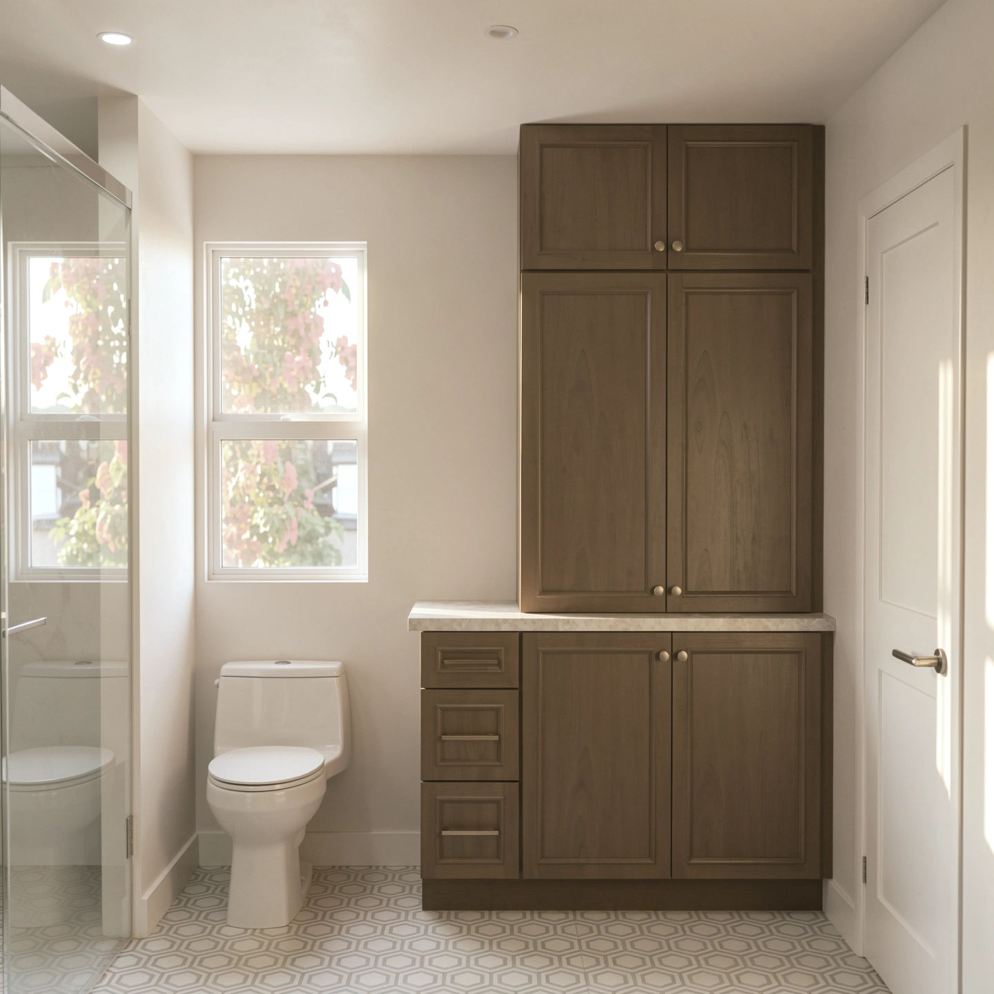 Bathroom concept with tall wood linen storage